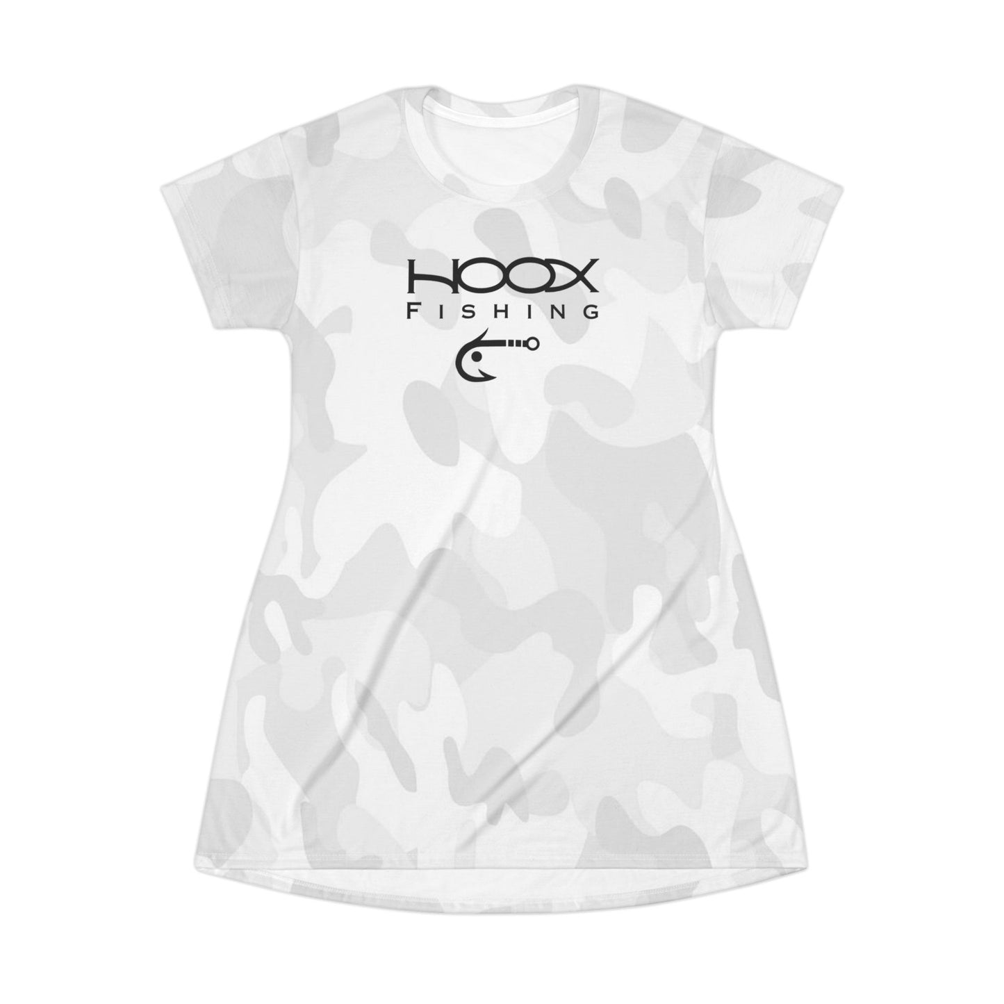 Hoox Fishing Logo T-Shirt Dress | White Camouflage All-Over Print