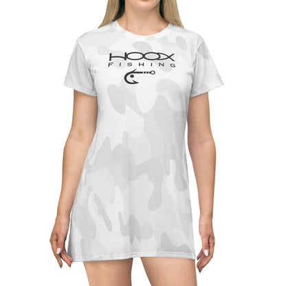 Hoox Fishing Logo T-Shirt Dress | White Camouflage All-Over Print